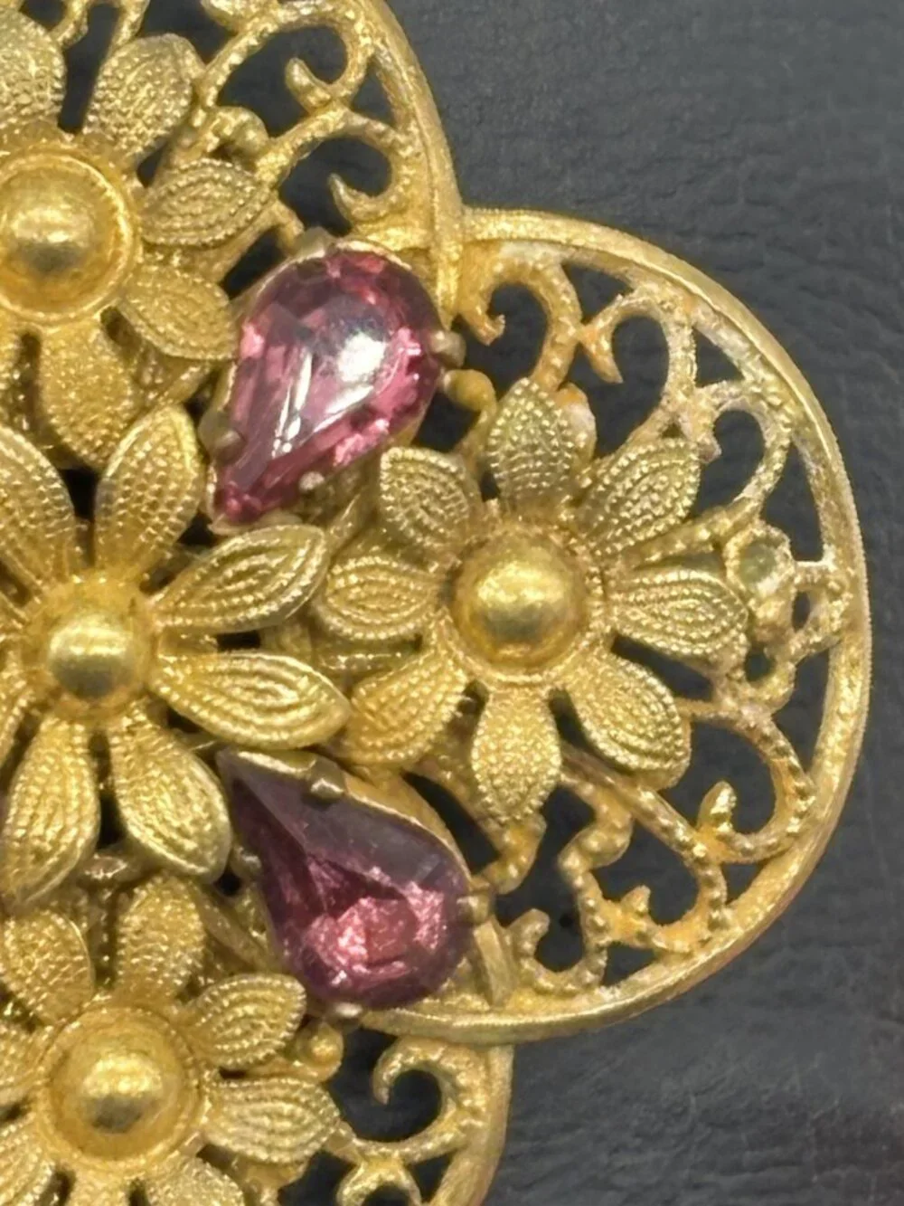 Vintage Czech Filigree Brooch Gold Tone Teardrop Pink Rhinestones Trombone Clasp
